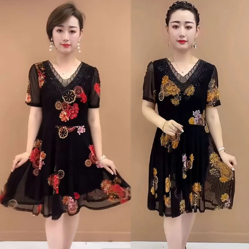 85-160斤夏季高级感轻奢绣花烫钻蕾丝连衣裙中长款时尚妈妈装气质