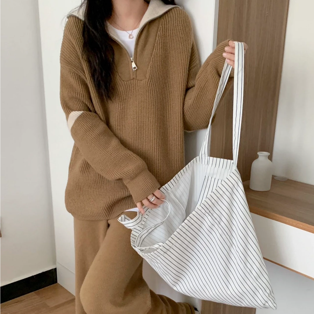 日系卫衣套装半拉链新款撞色毛衣套装裤子毛衣一整套时尚休闲服女