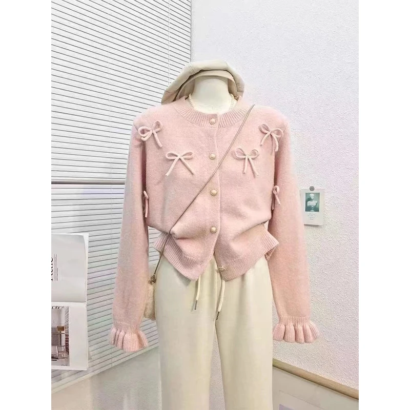 设计感圆领蝴蝶结洋气针织毛衣女开衫2024秋冬新款气质毛衣外套