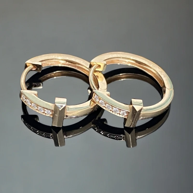 18k单T钻石耳圈 15mm玫瑰金 情人节新年礼物 百搭简单