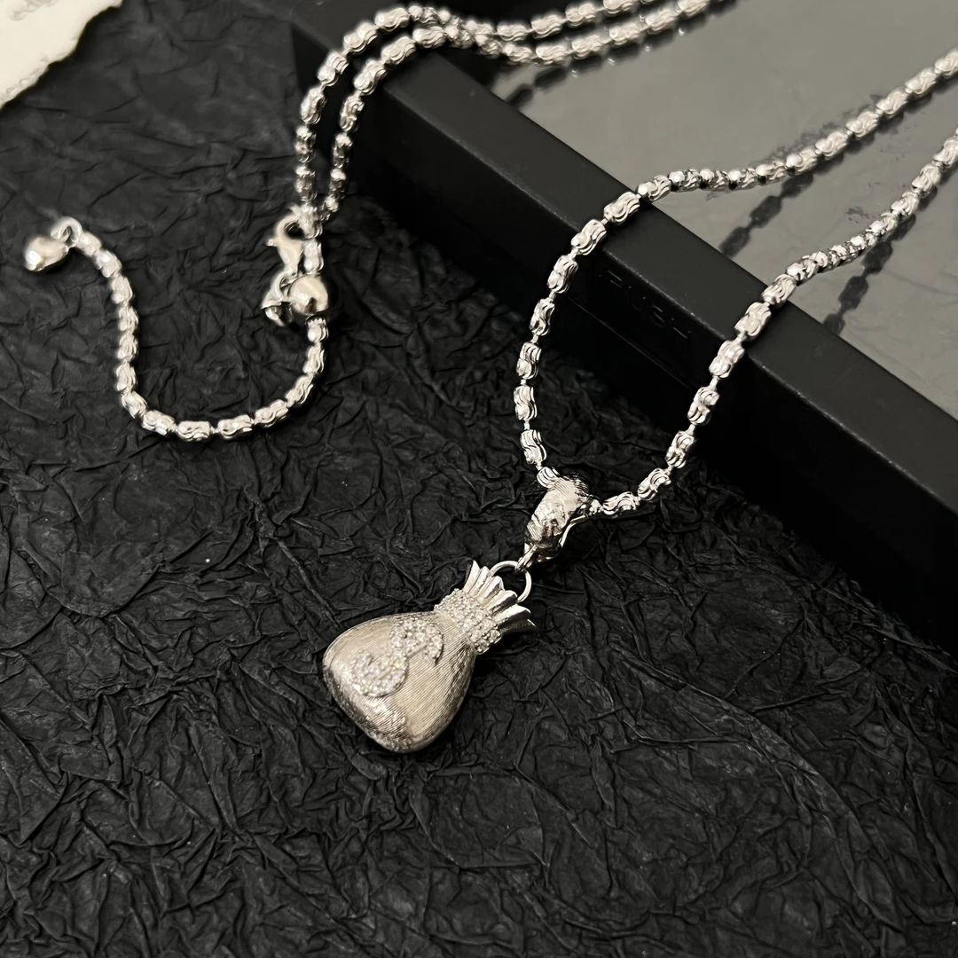 坠链均925银 《钱袋子》韩版设计师时尚切割米粒抽拉钱袋子吊坠项链