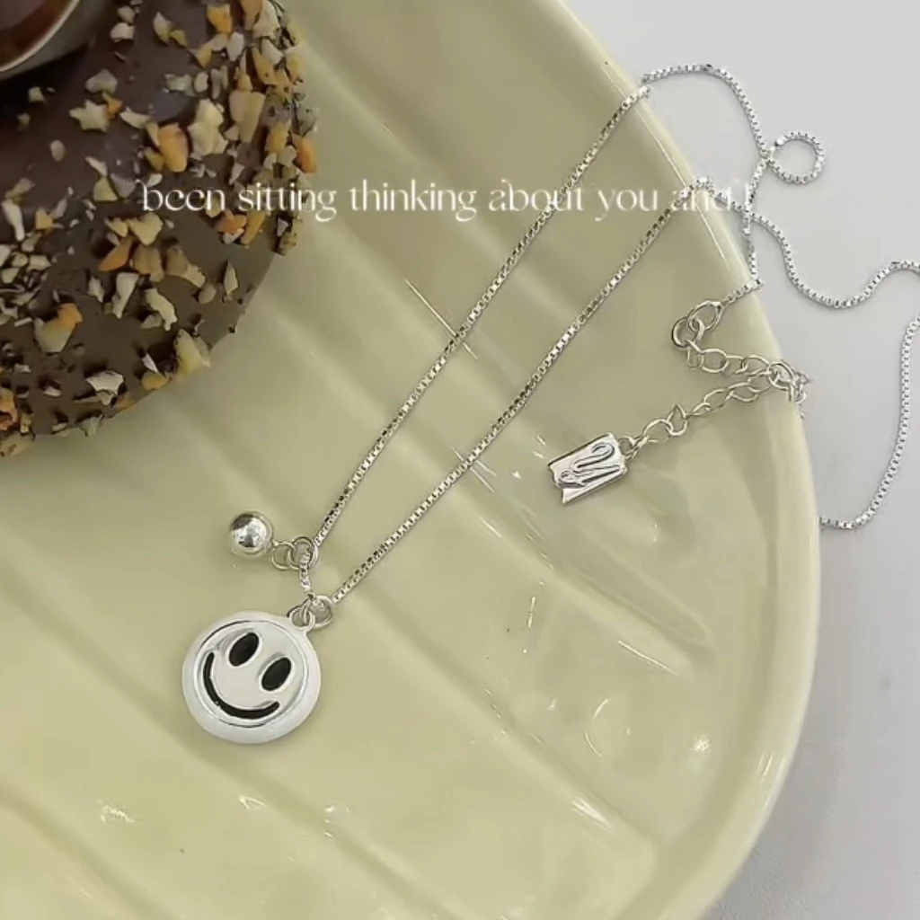坠链均925银 《治愈笑脸》设计师款ins风减龄笑脸圆牌抽拉毛衣项链