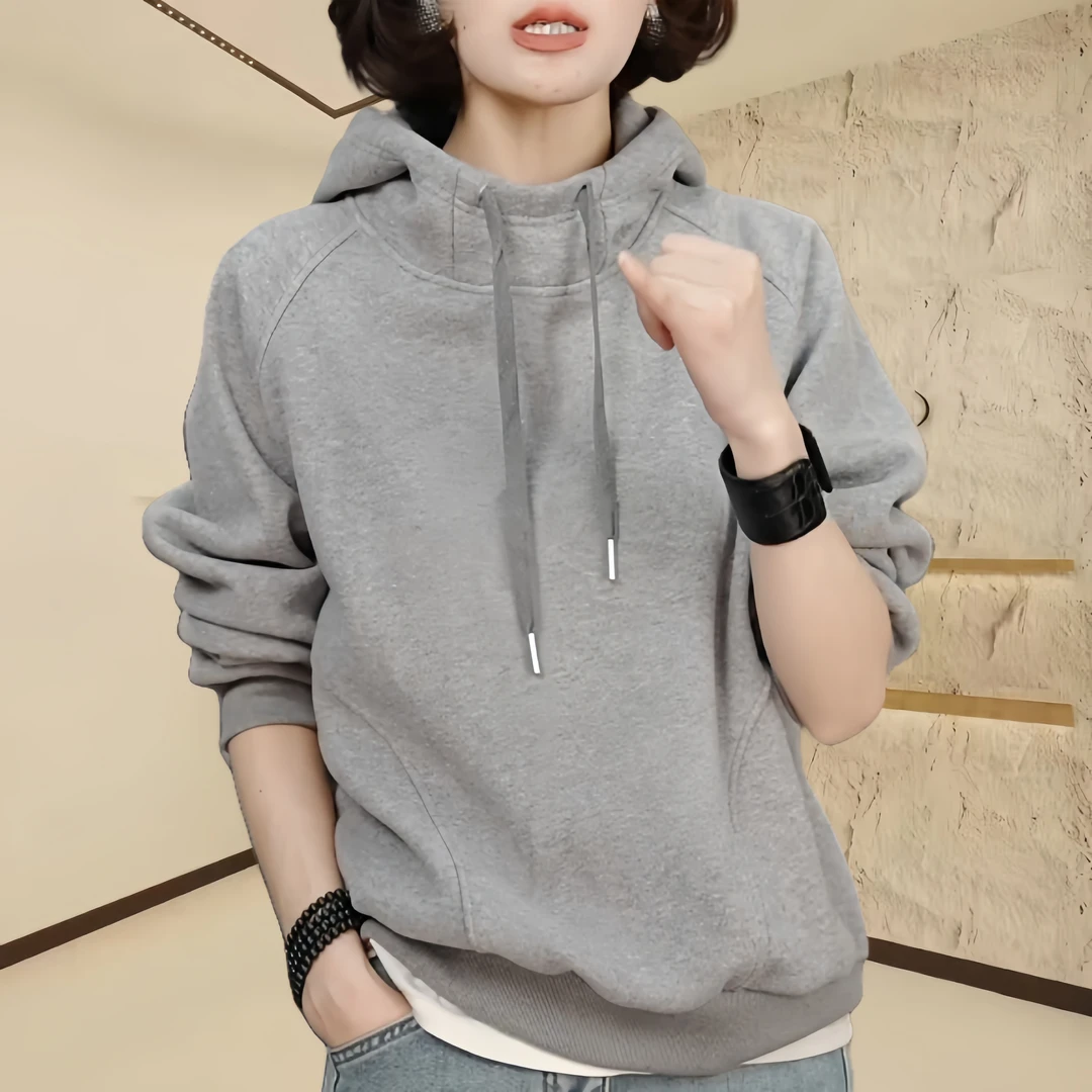 2024冬季新款时尚宽松休闲百搭保暖复古连帽高级感设计加绒卫衣女