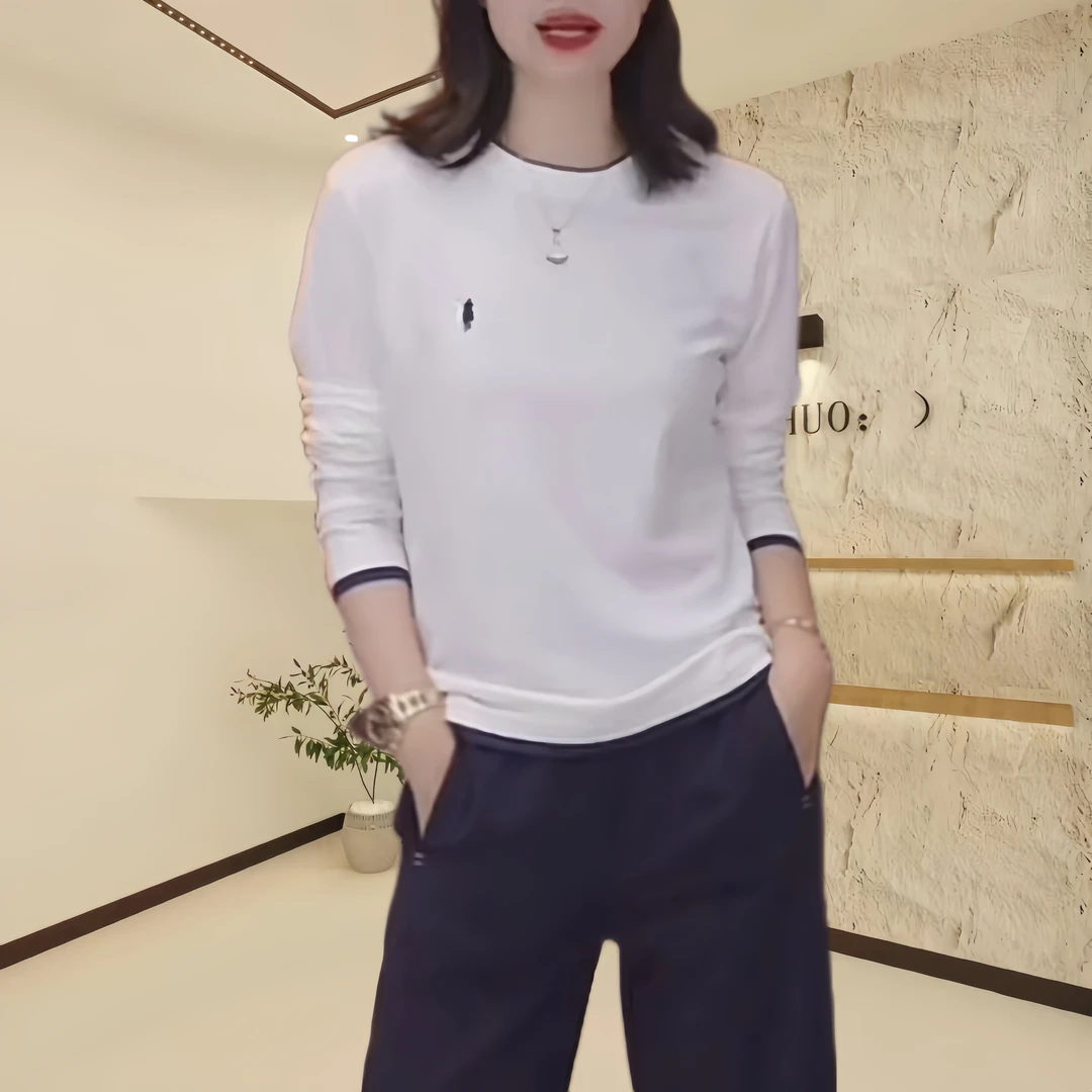 白色时尚假两件T恤女2024早秋新款圆领内搭修身显瘦百搭打底上衣