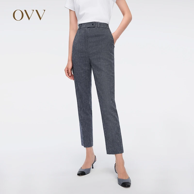 OVV春夏新款女装韩国进口亚麻混纺面料九分烟管西裤