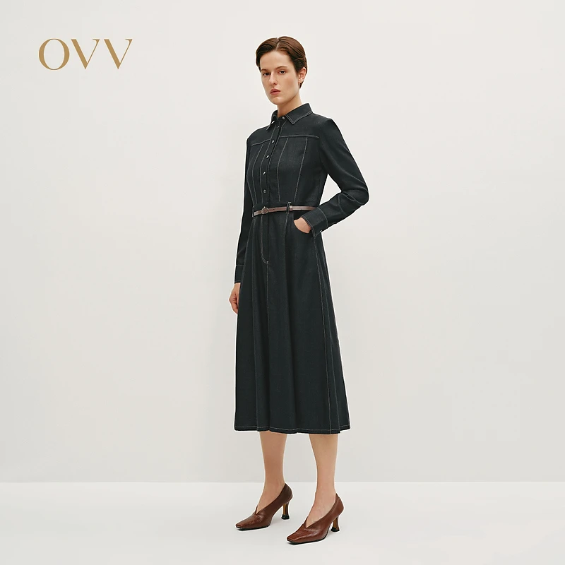 【艾钱钱专属】OVV秋冬牛仔翻领羊毛混纺随附腰带连衣裙GQLCJ34103A
