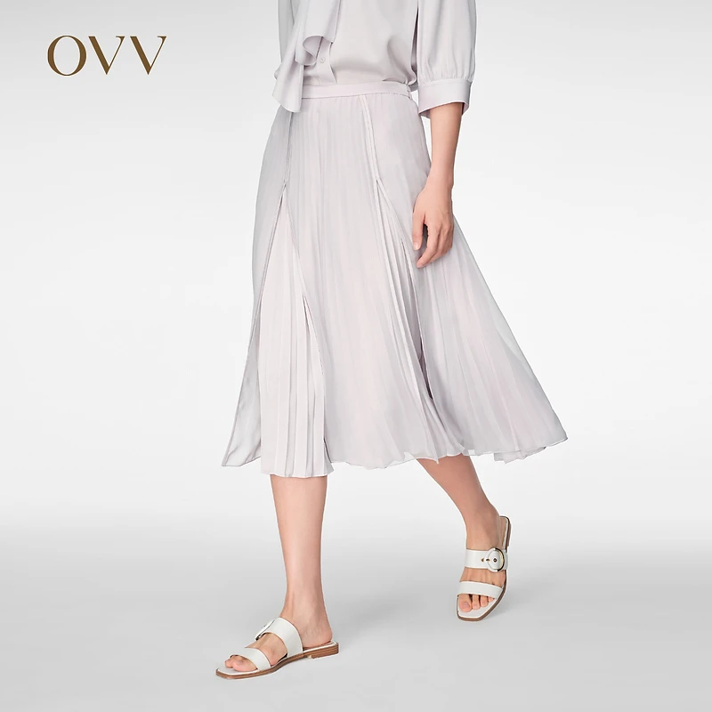OVV春夏新款女装简约优雅浪漫双层百褶中长半身裙GQDDJ14018A