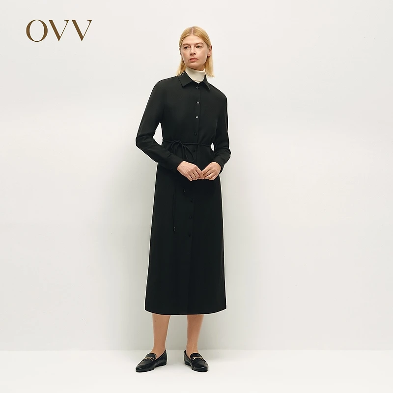 OVV2024秋冬新款女装经典衬衫领直筒开衩随附腰带长袖连衣裙