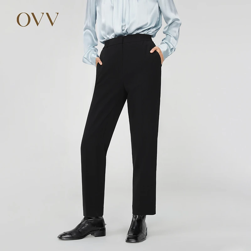 OVV秋冬新款女装日本进口三醋酸侧后腰松紧休闲通勤长裤