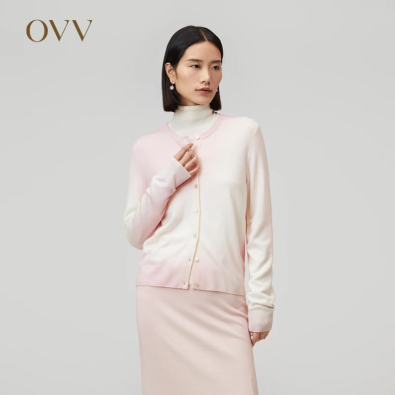 OVV秋冬新款女装渐变可机洗黄金羊毛针织开衫外套