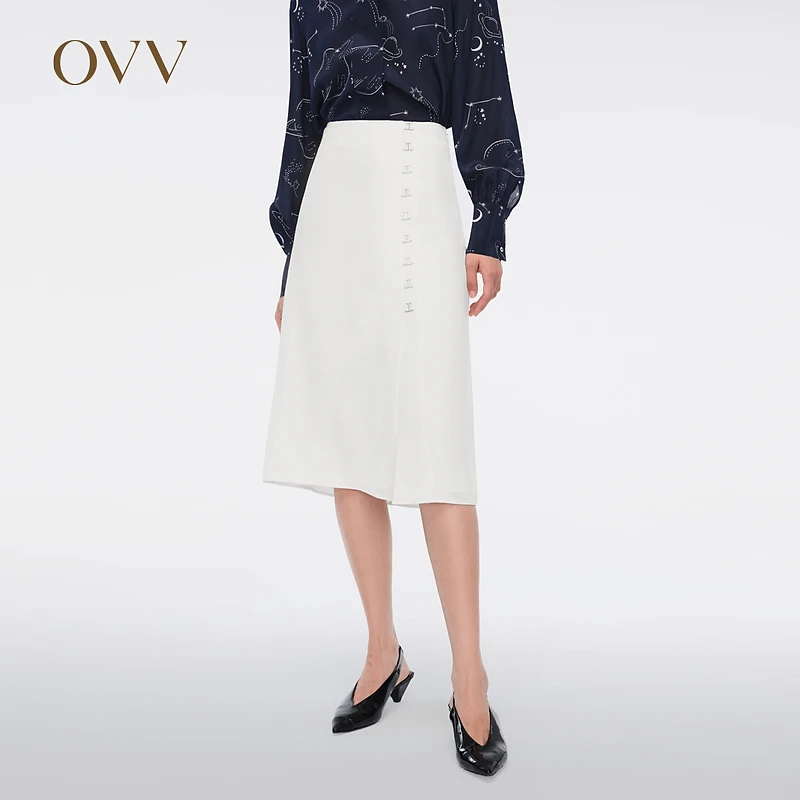 OVV春夏新款女装A字版型小白裙腰侧金属环半身裙GQDDJ14009A