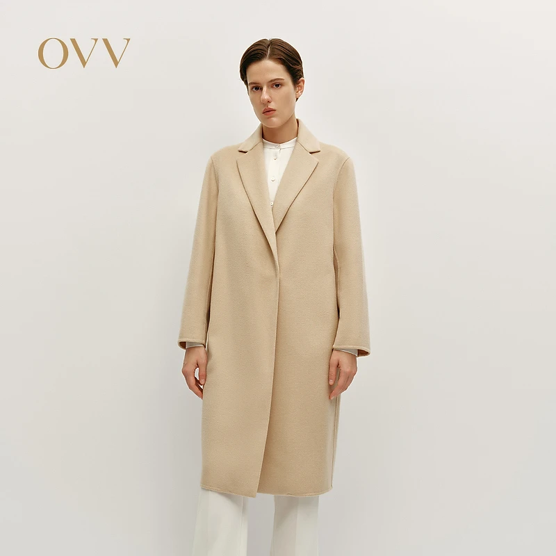 OVV秋冬新女装经典平驳领中长休闲通勤羊毛混纺大衣GWDAJ44110A
