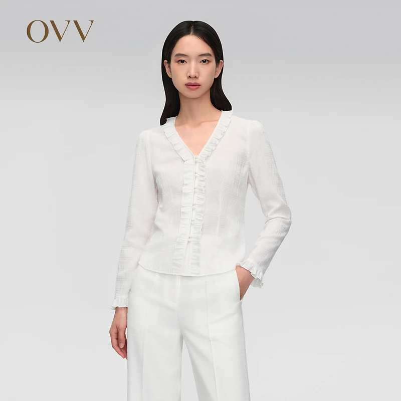 OVV春夏新款女装花边V领泡泡肌理长袖衬衫GNEAJ14003A