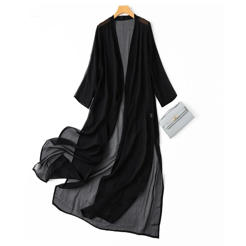 韩国高级感桑蚕丝薄款雪纺开衫外搭加长款女夏黑色长款外披开衫