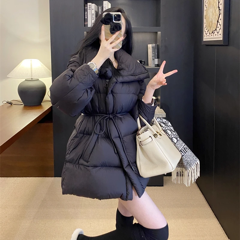 2024韩版冬装新款羽绒服女中长款价格白鹅绒纯色系带修身保暖外套