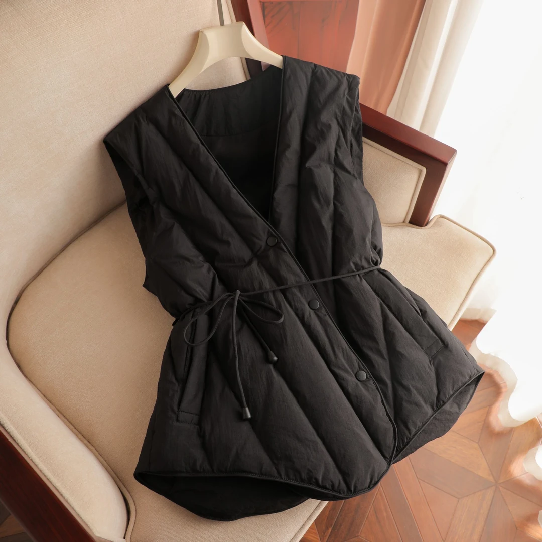 韩版冬装新款羽绒服女短款无袖马甲90白鸭绒保暖系带修身百搭外套