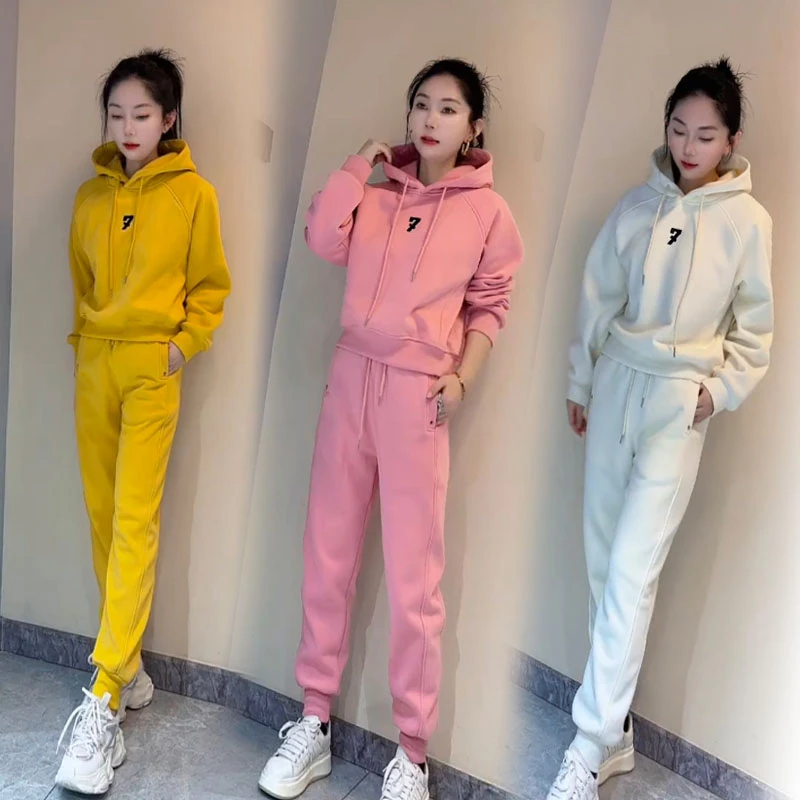 欧洲站秋冬季加绒加厚刺绣字母设计纯色连帽卫衣高腰卫裤时尚套装