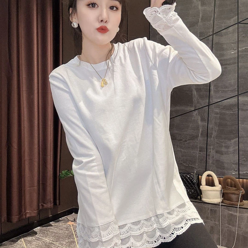 2024冬季新款欧洲站蕾丝拼接长袖T恤女时尚百搭中长款打底衫上衣