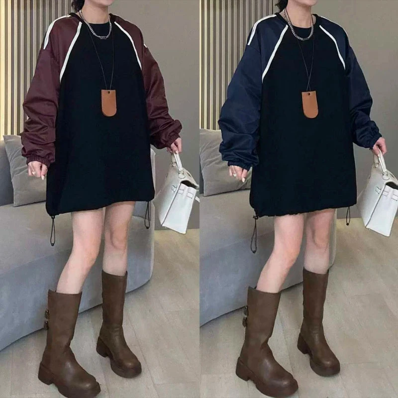 拼色圆领卫衣女欧货2024秋季新款宽松时尚中长款大版显瘦减龄洋气
