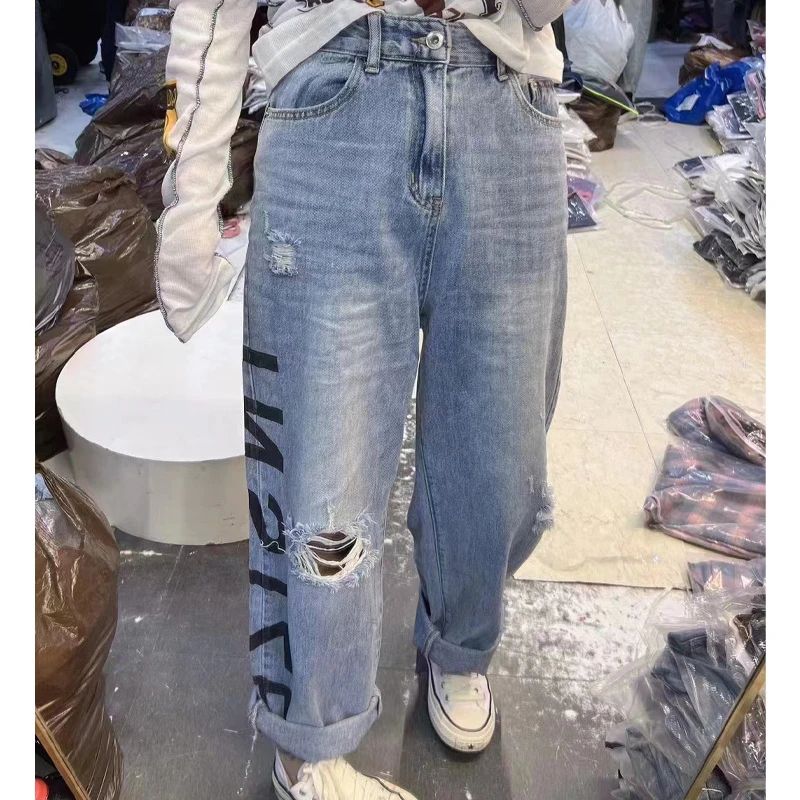 欧货十三行2024夏季新款高腰休闲破洞重工毛边牛仔裤直筒宽松百搭