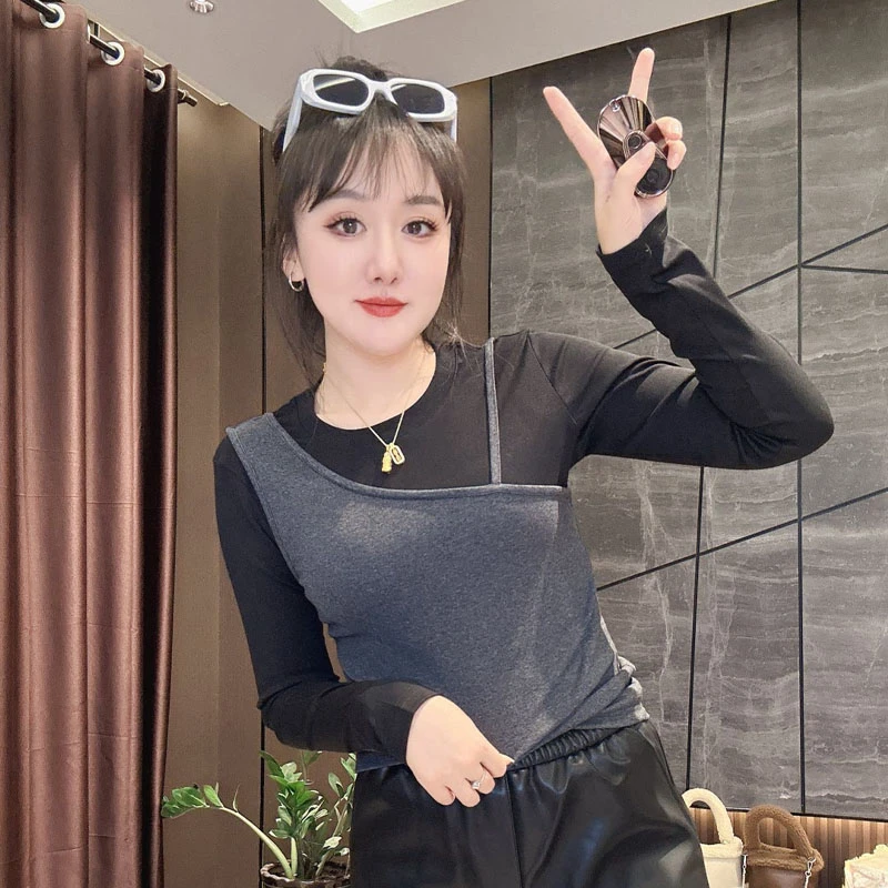 欧货高级感撞色假两件上衣女2024秋季新款黑小众炸街高级感女装