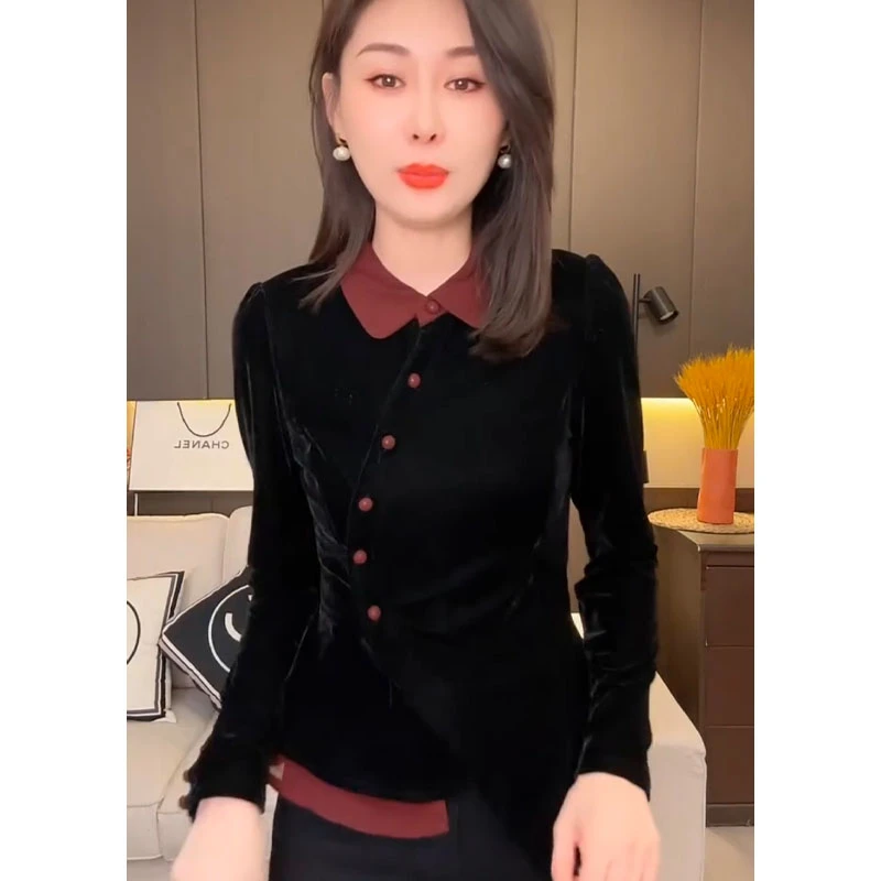 欧货假两件金丝绒衬衫女2024秋季新款收腰显瘦减龄洋气高级感上衣