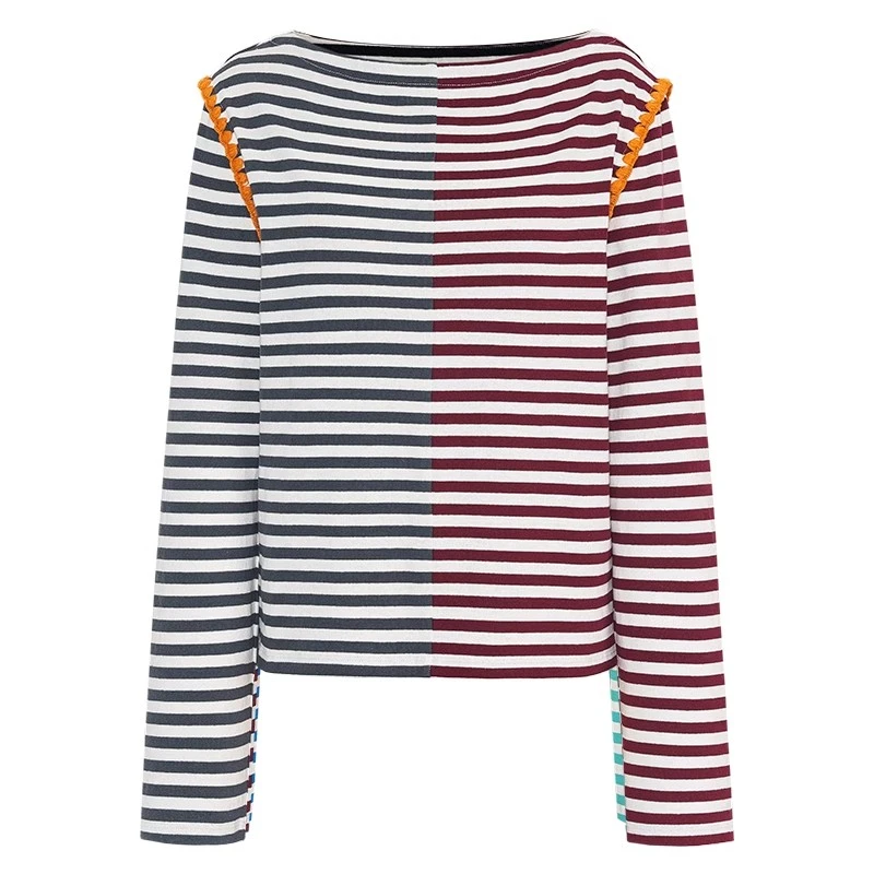 【茉舍】SHORT SENTENCE左右拼色条纹贝壳绣T恤24AWTS20-1500 999