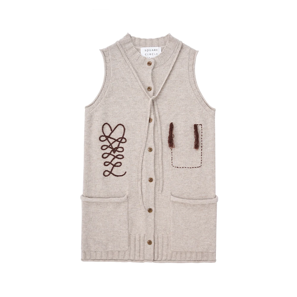 【茉舍】square circle方圆燕麦色绣花图案背心 Y24AW11048-685