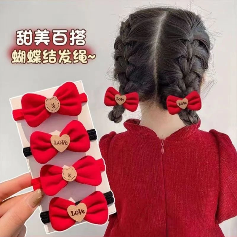 【新疆包邮】新年儿童发圈红色蝴蝶结发饰氛围丝绒喜庆皮筋不伤发