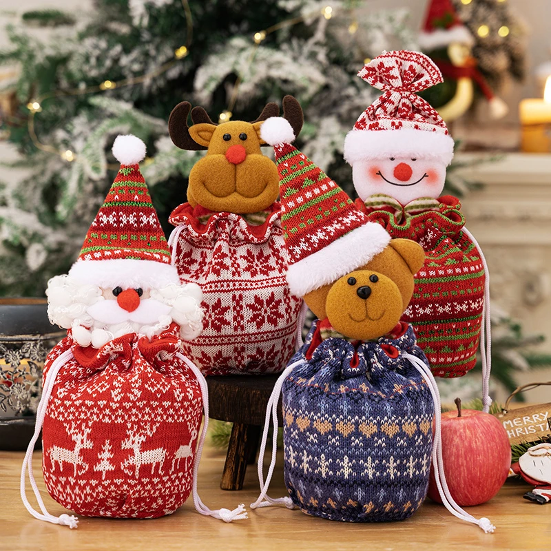 圣诞装饰品针织苹果袋老人麋鹿毛线糖果袋礼品袋平安夜礼物袋盒子