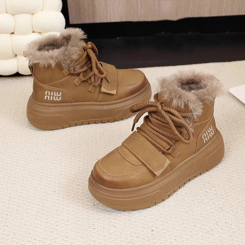 溯源好物加厚毛毛棉鞋高帮复古厚底系带雪地靴女冬2023新款女短靴