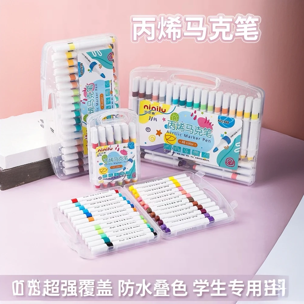 泥泥鹿丙烯马克笔高质量可叠色三角杆学生美术专用12/24/48色V107