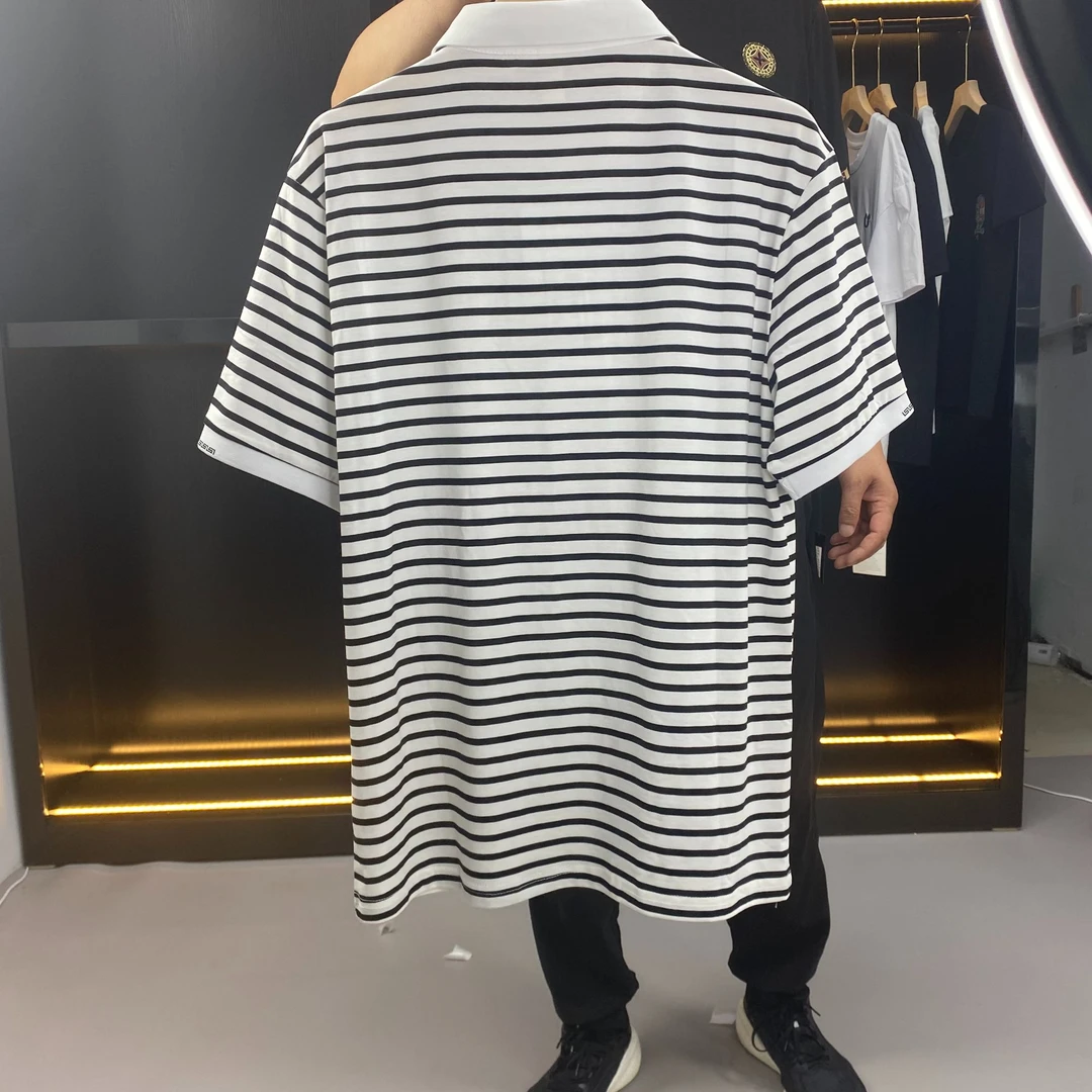男装休闲夏季条纹半袖时尚情侣潮流百搭修身黑白印花针织