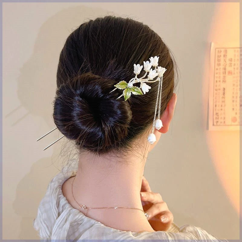 超仙古风铃兰花发簪女高级感丸子头盘发神器现代流苏发钗簪子头饰