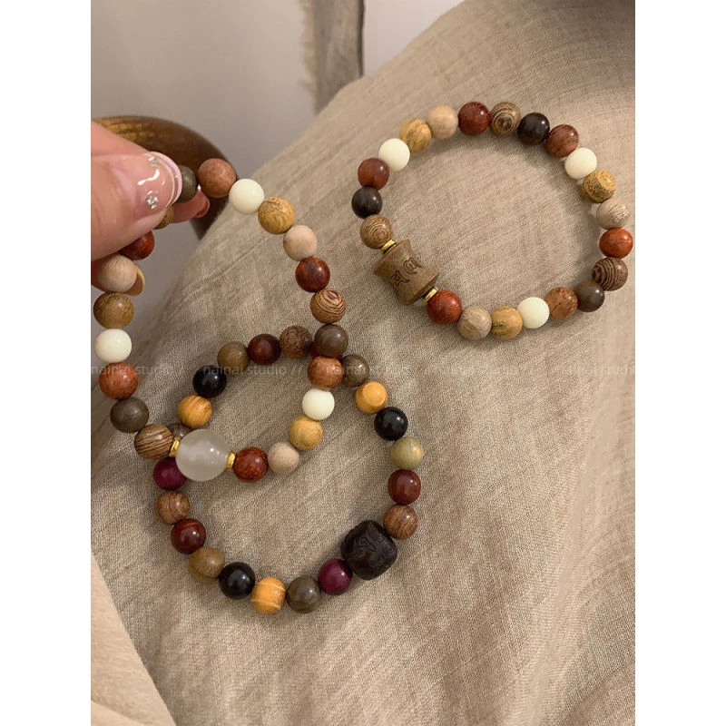 檀木多宝珠手链~新中式民族风串珠六字箴言手饰古风禅意念珠手串