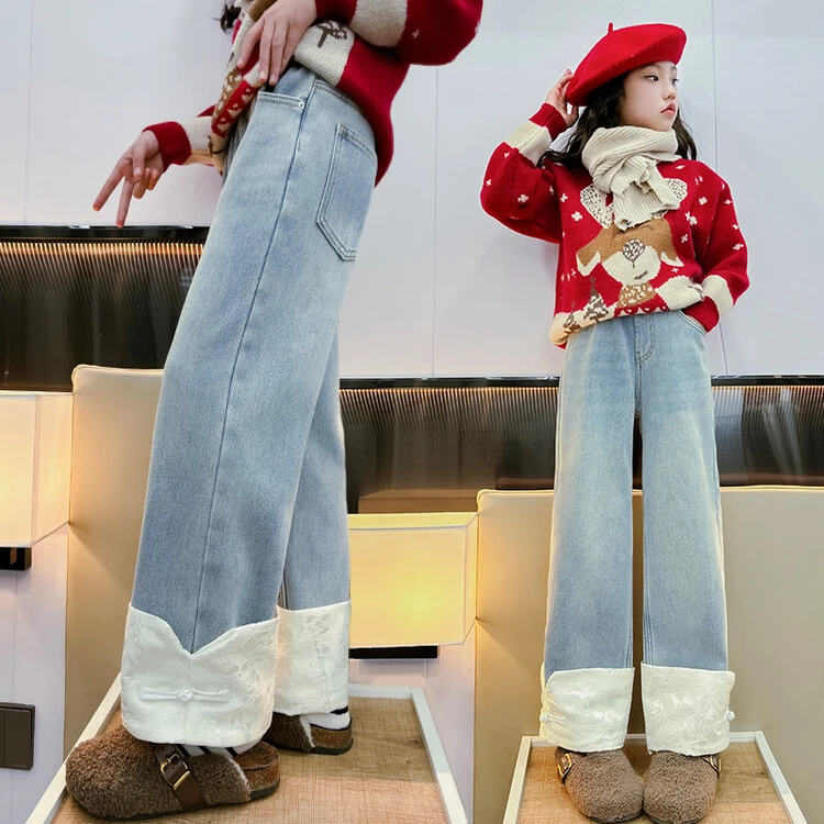 冬季新款女大童加绒牛仔裤时尚洋气保暖宽松直筒T-zb2488简约童品