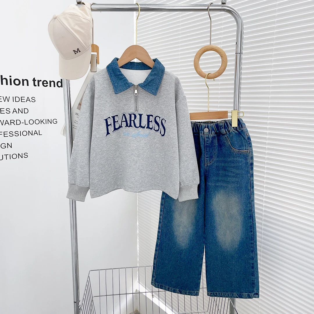 秋季新款2023女童儿童潮款6-12岁牛仔长裤套装 T-zb2051 简约童品