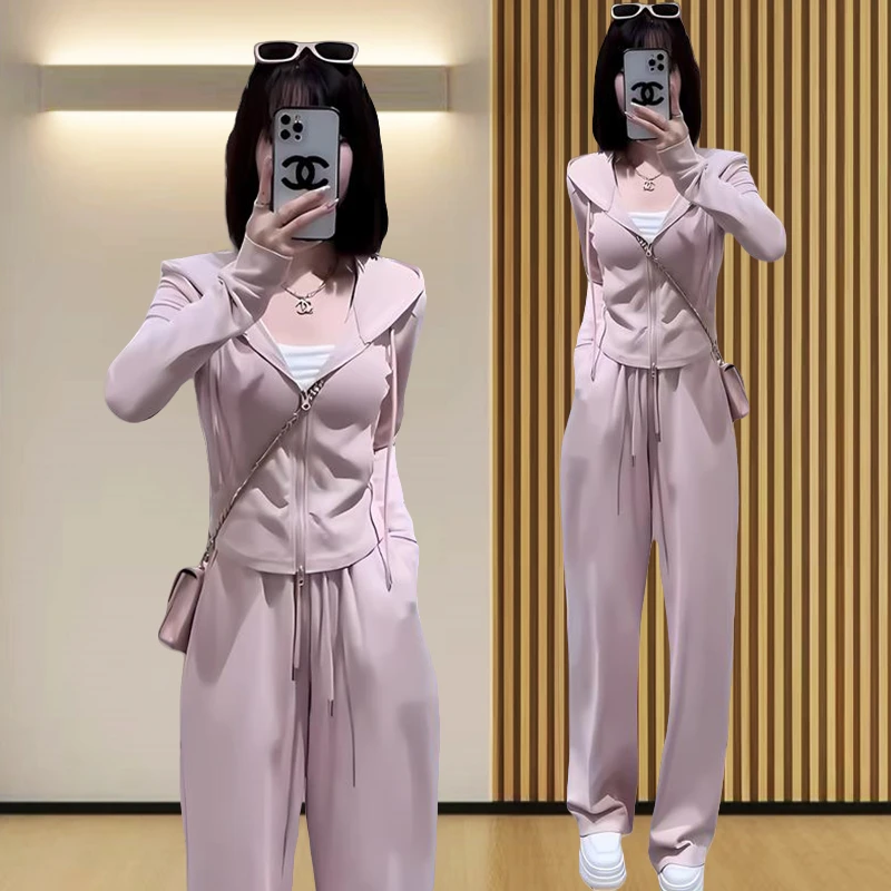 两件套时尚套装女2025秋冬新款连帽拉链设计感休闲百搭时尚套装女