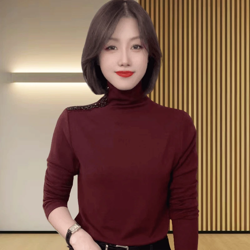 打底衫洋气减龄上衣女2025秋冬新款烫钻休闲时尚百搭纯色修身显瘦