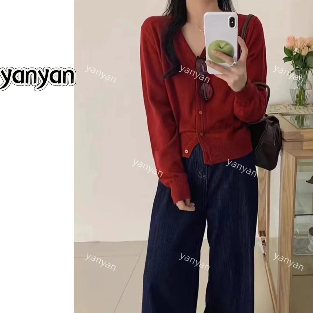 【琰琰】2024新款洋气百搭长袖单排扣V领秋款针织上衣