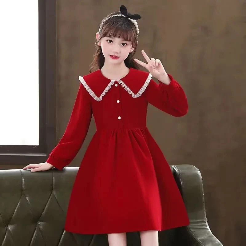 女童秋装连衣裙新款小女孩春秋长袖裙子儿童洋气休闲红色公主裙