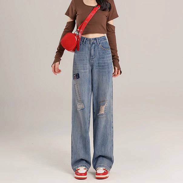 早秋新款高腰复古潮流宽松显瘦百搭休闲直筒阔腿垂感拖地牛仔裤女