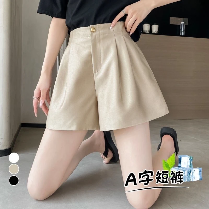 夏季薄款松紧高腰褶皱洋气百搭宽松遮肉显瘦休闲直筒阔腿西装短裤