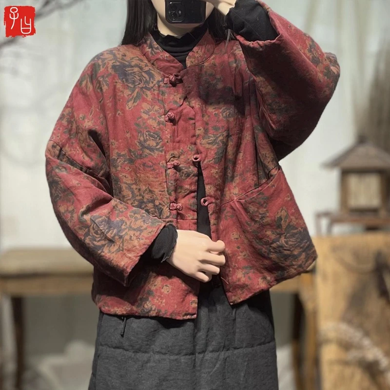 冬季新款棉麻女装文艺复古盘扣中式棉袄民族风棉衣夹棉保暖棉服