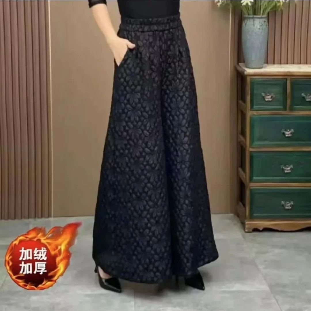 加绒提花阔腿裤2024冬款大摆宽松裙裤旅游洋气加绒加厚显瘦裤子