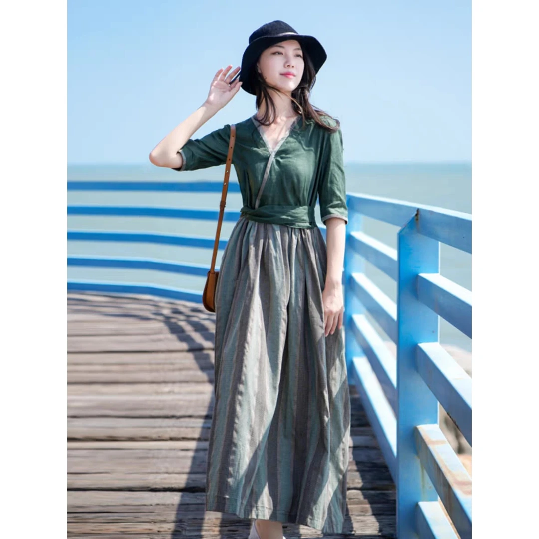 汉服改良连衣裙女夏季复古文艺棉麻裙子遮肚子减龄气质显瘦长裙女