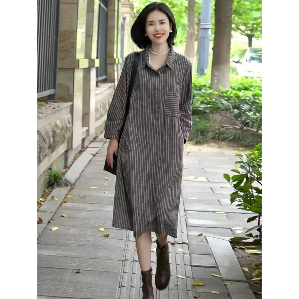 高档棉麻衬衣连衣裙女春秋季新款休闲条纹系带显瘦长袖中长款裙子