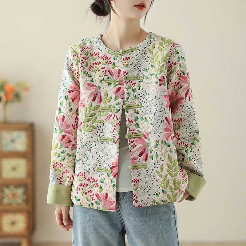提花小褂碎花衬衫中式民族女上衣外套休闲宽松显瘦女秋冬新款盘扣