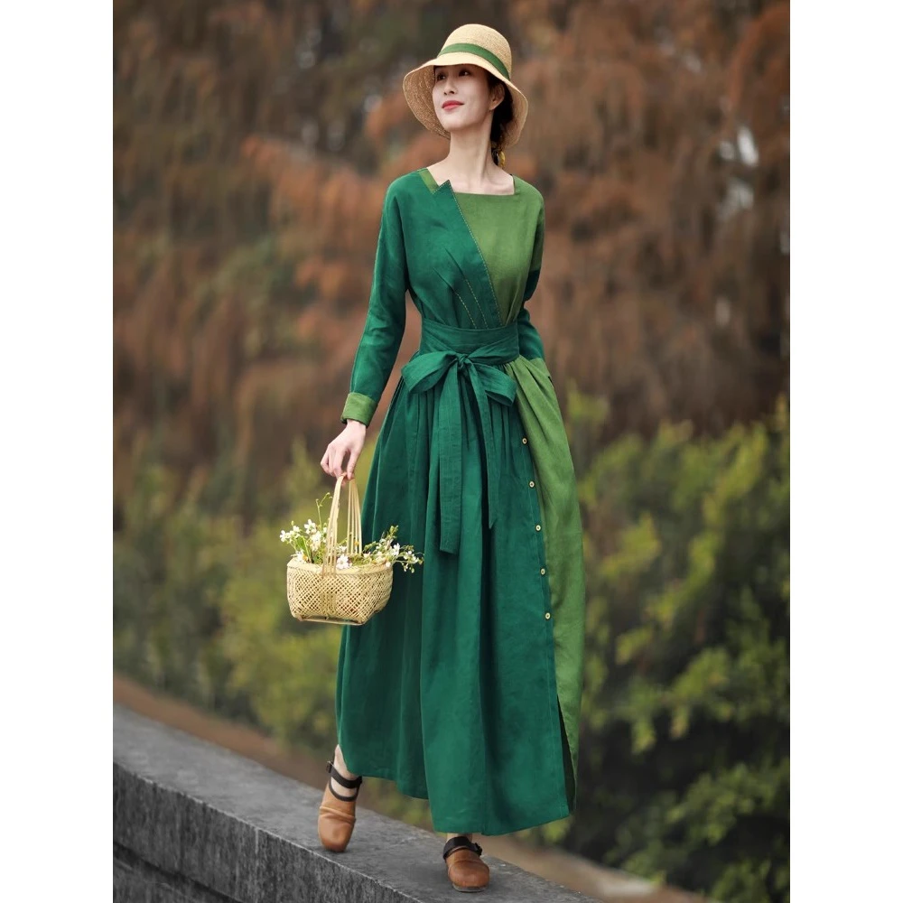 民族风棉麻连衣裙秋冬季新款优雅文艺复古拼接显瘦气质长袖长裙女