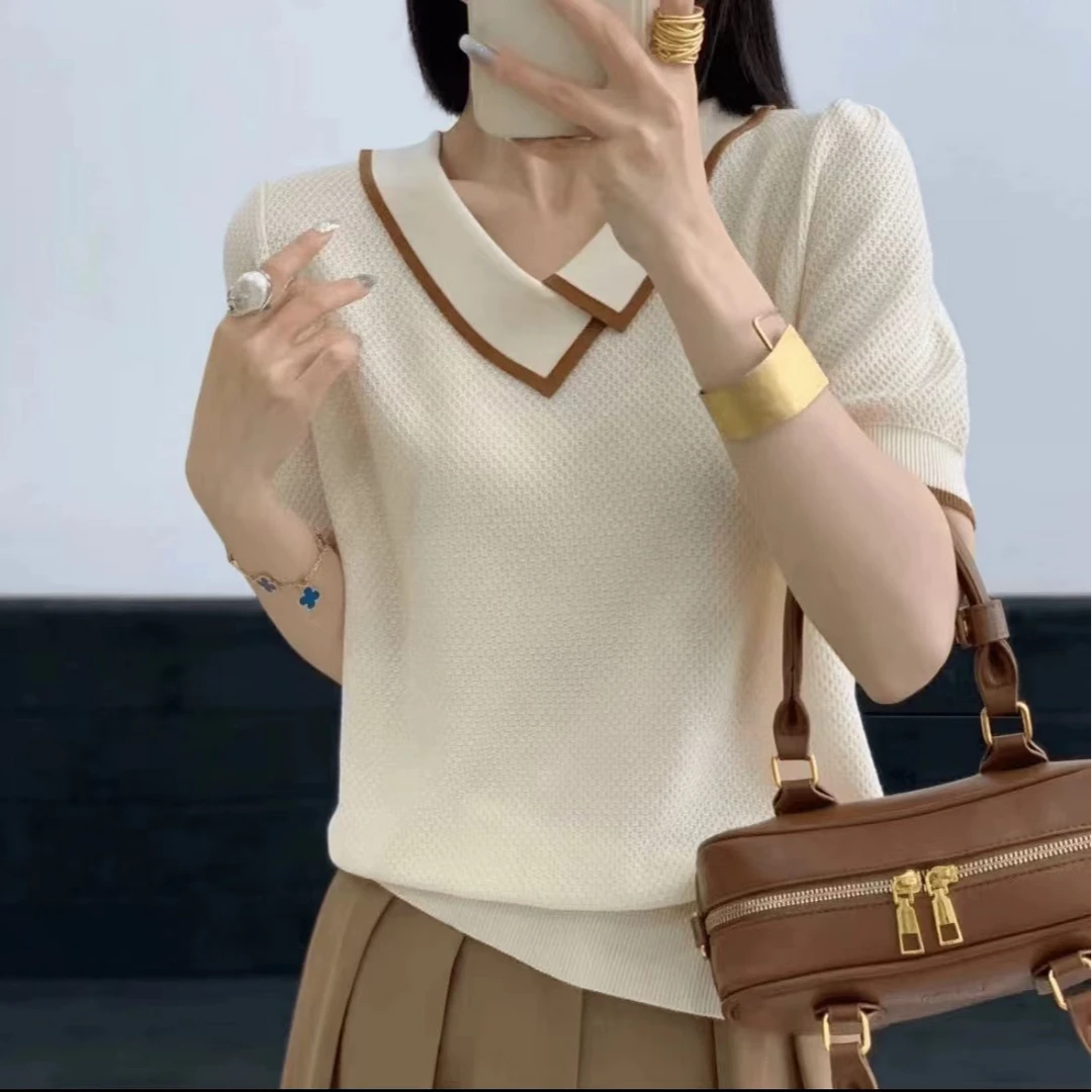 韩版减龄边翻领短袖大码针织衫女2024夏季新款宽松显瘦百搭上衣潮